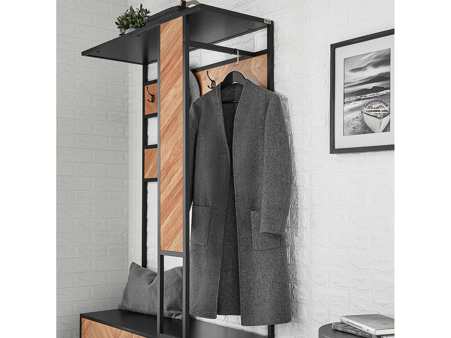 SoBuy Meuble d’Entrée avec Banc, 1 Barre et 5 Crochets, Porte-Manteaux, Vestiaire, Cintre, Couleur Naturel et Noir, L100xP40xH180 cm, FSR194-N