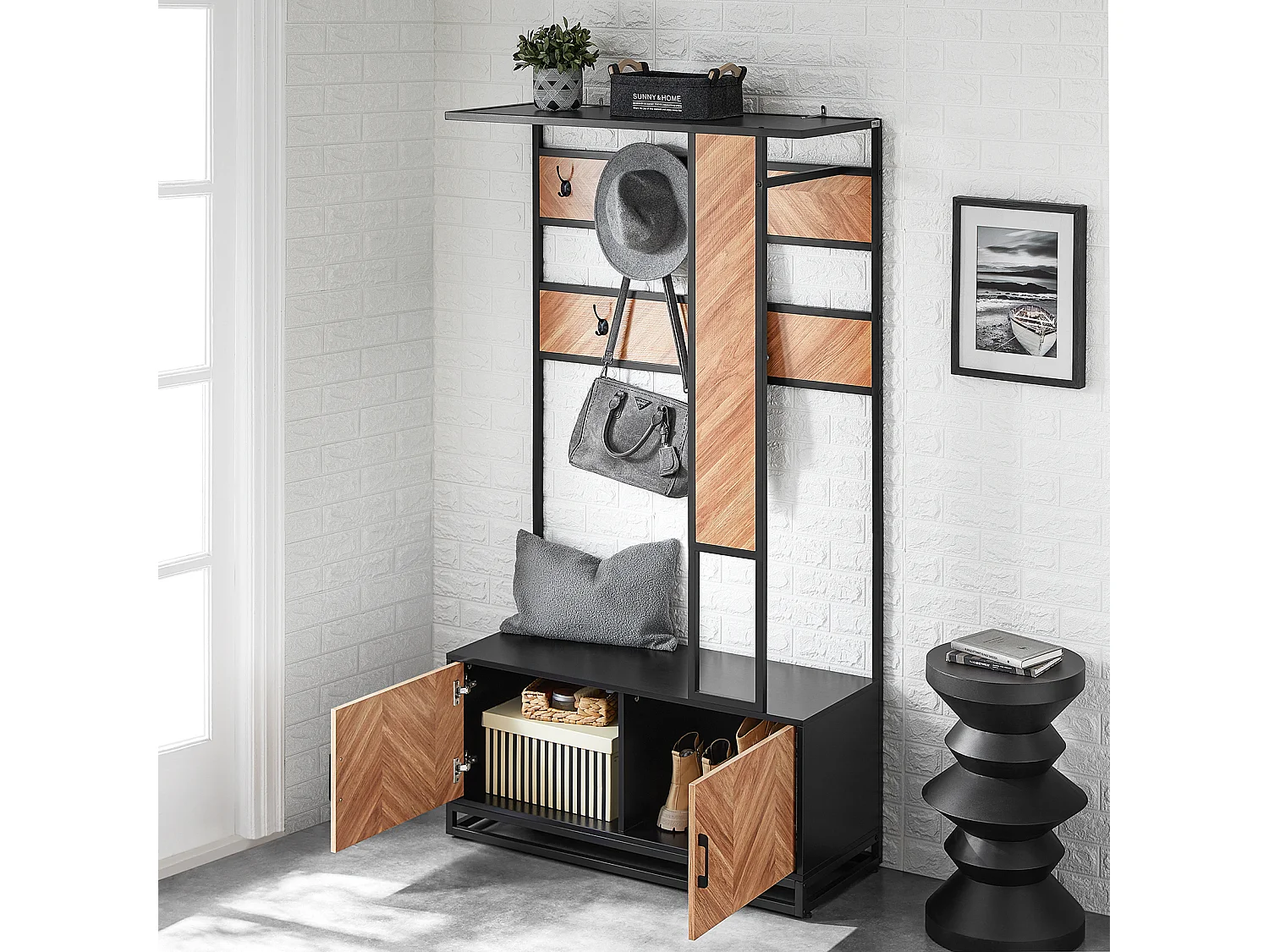 SoBuy Meuble d’Entrée avec Banc, 1 Barre et 5 Crochets, Porte-Manteaux, Vestiaire, Cintre, Couleur Naturel et Noir, L100xP40xH180 cm, FSR194-N