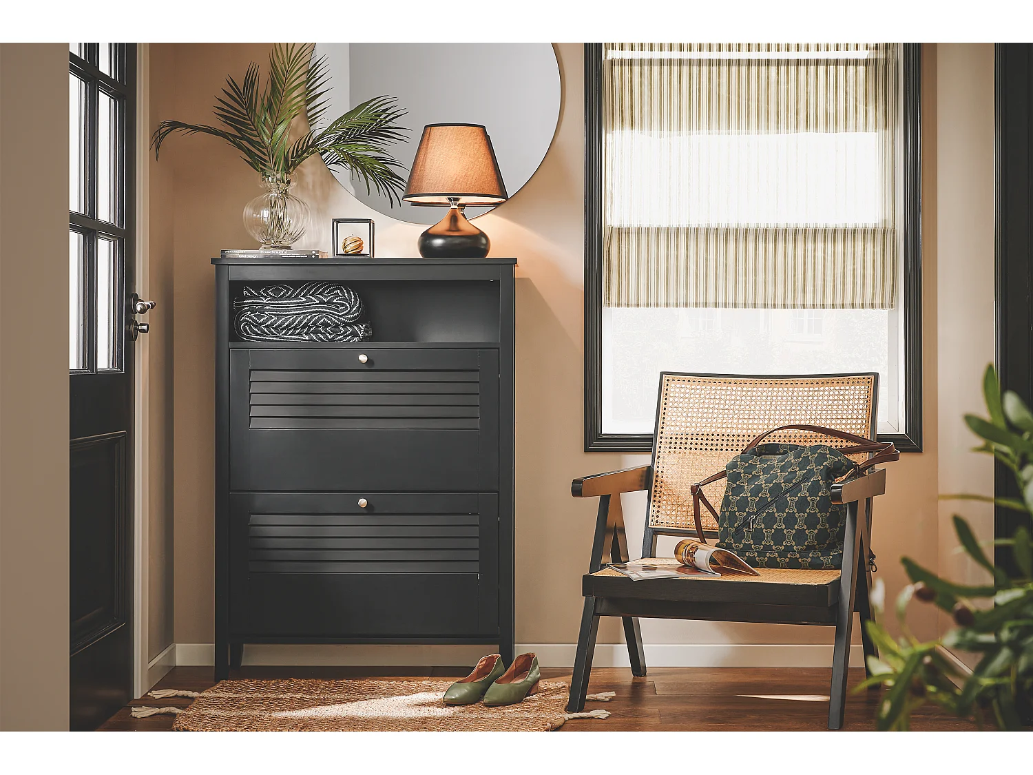 SoBuy FSR152-SCH Zapatero Estrecho con 2 Solapas y 1 Estante Abierto 80 x 24 x 108 cm Negro