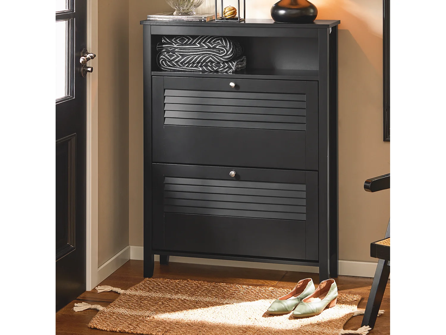 SoBuy Armoire à Chaussures avec 2 Abattants, Meuble de Rangement pour Couloir, Salon, Noir, 80 x 25 x 108 cm FSR152-SCH