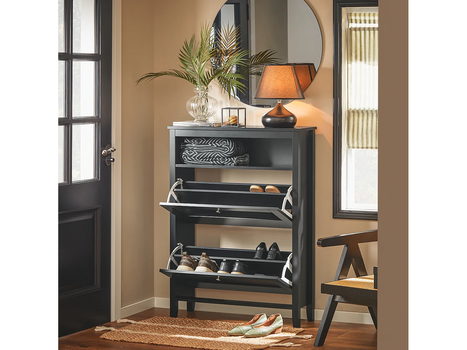 SoBuy Armoire à Chaussures avec 2 Abattants, Meuble de Rangement pour Couloir, Salon, Noir, 80 x 25 x 108 cm FSR152-SCH