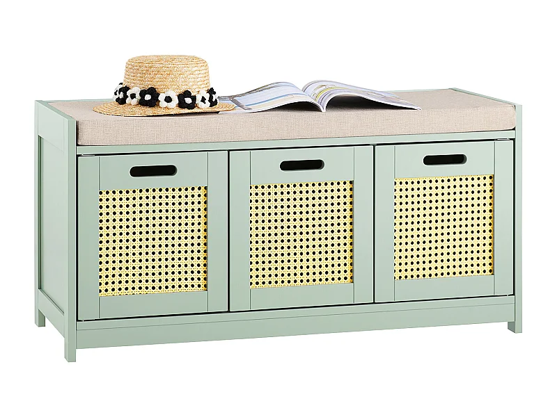 SoBuy Banc de Rangement, Meuble d'Entrée, Commode à Chaussures, Banquette avec Coussin Rembourré 2 Portes et 1 Cube, Vert, 90x35x45 cm FSR182-GR