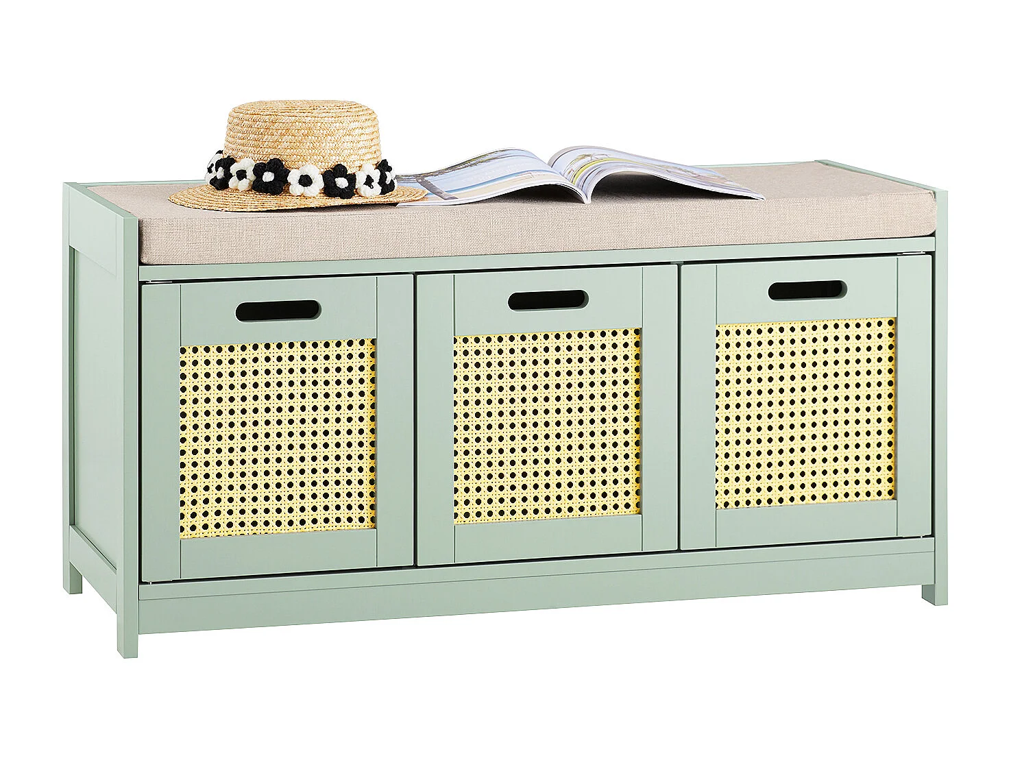 SoBuy Banc de Rangement, Meuble d'Entrée, Commode à Chaussures, Banquette avec Coussin Rembourré 2 Portes et 1 Cube, Vert, 90x35x45 cm FSR182-GR