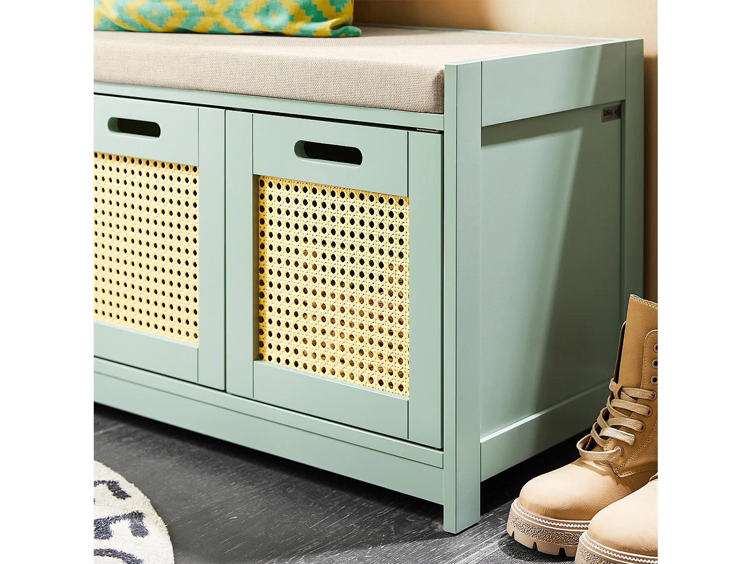 SoBuy Banc de Rangement, Meuble d'Entrée, Commode à Chaussures, Banquette avec Coussin Rembourré 2 Portes et 1 Cube, Vert, 90x35x45 cm FSR182-GR