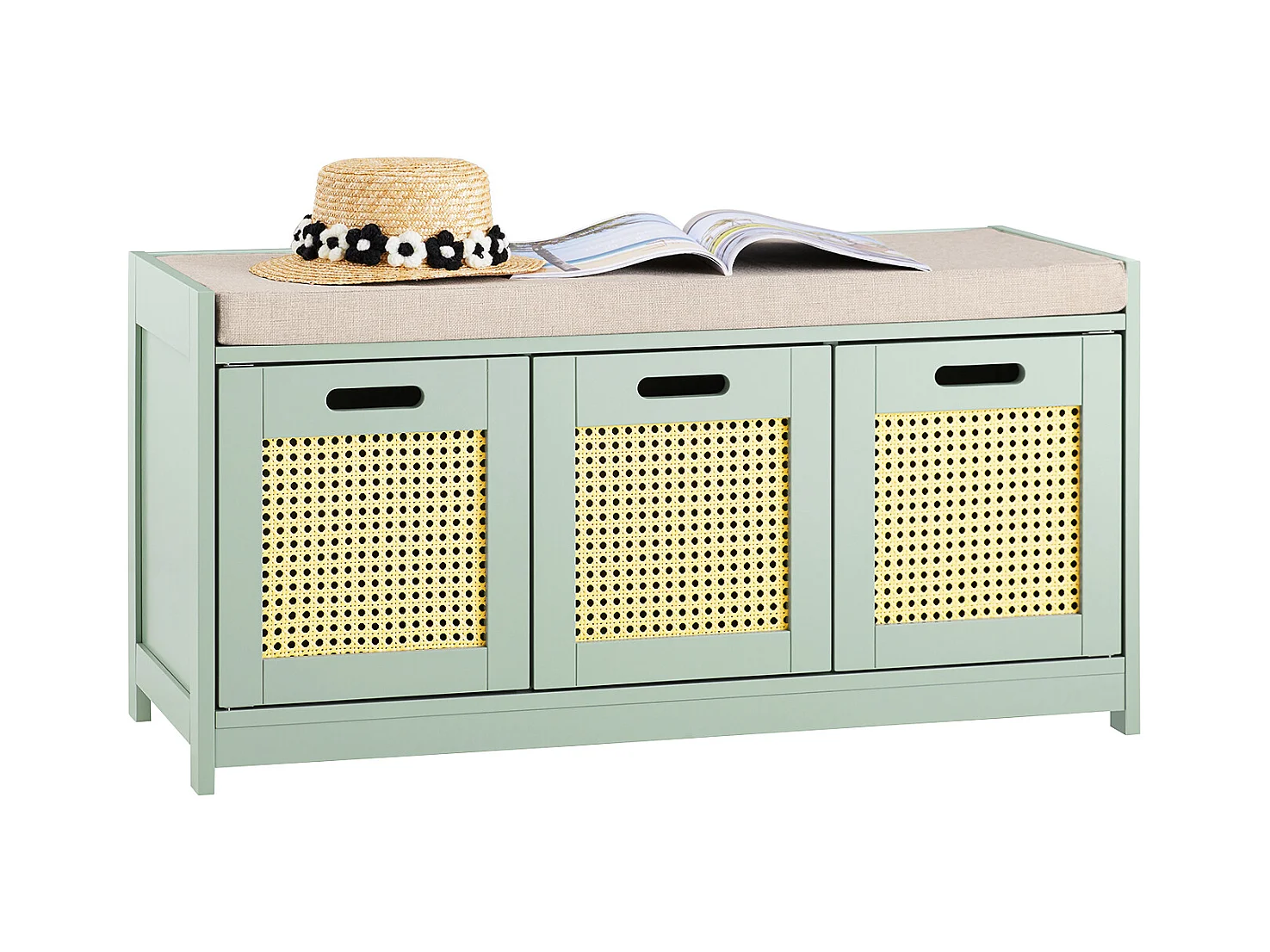 SoBuy Banc de Rangement, Meuble d'Entrée, Commode à Chaussures, Banquette avec Coussin Rembourré 2 Portes et 1 Cube, Vert, 90x35x45 cm FSR182-GR