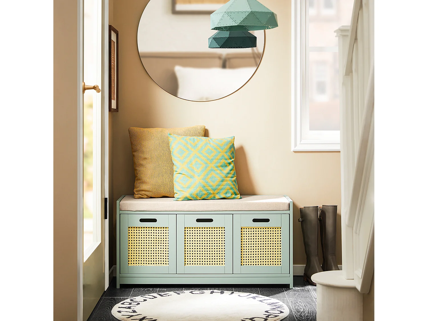 SoBuy Banc de Rangement, Meuble d'Entrée, Commode à Chaussures, Banquette avec Coussin Rembourré 2 Portes et 1 Cube, Vert, 90x35x45 cm FSR182-GR