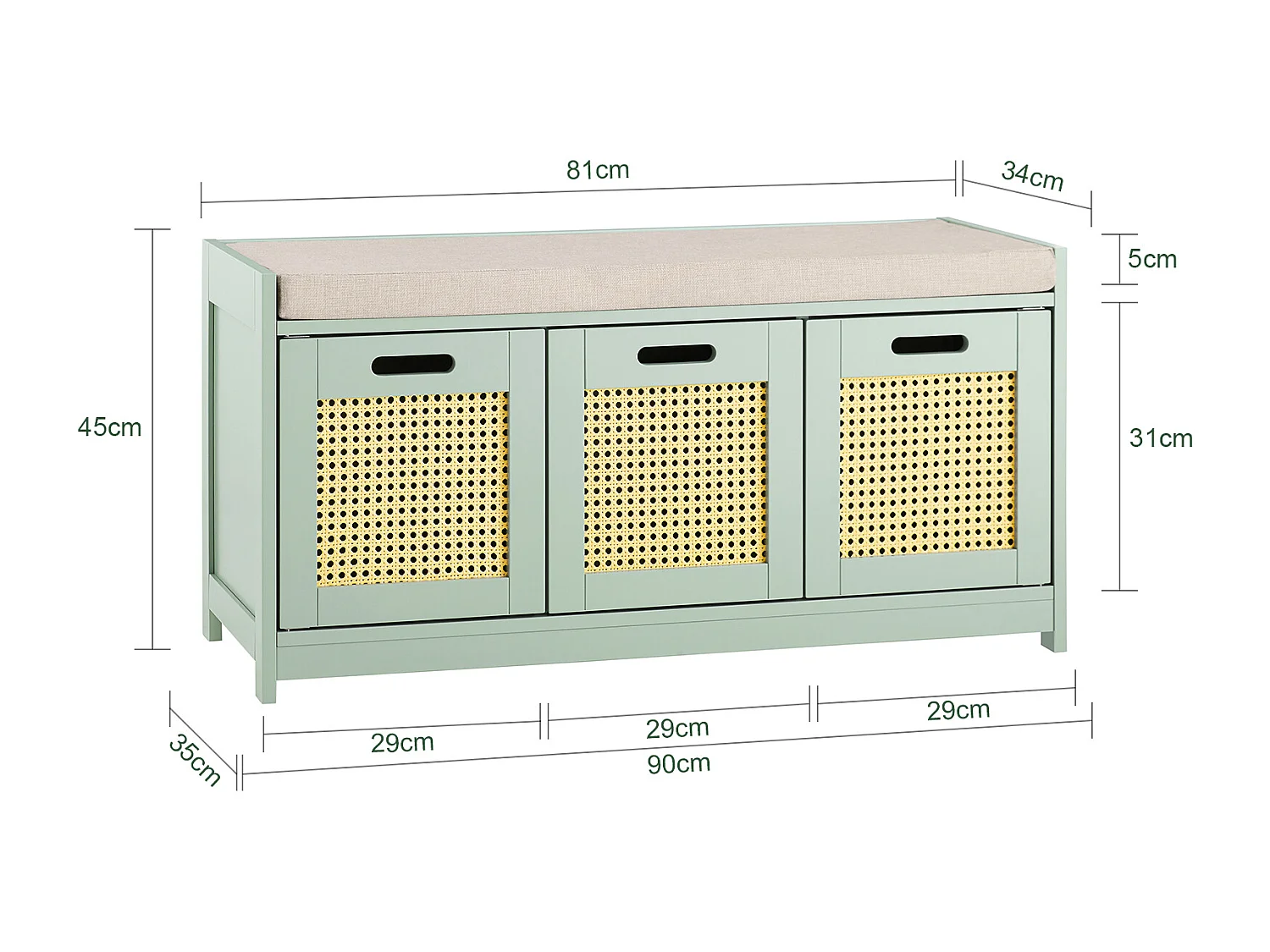 SoBuy Banc de Rangement, Meuble d'Entrée, Commode à Chaussures, Banquette avec Coussin Rembourré 2 Portes et 1 Cube, Vert, 90x35x45 cm FSR182-GR