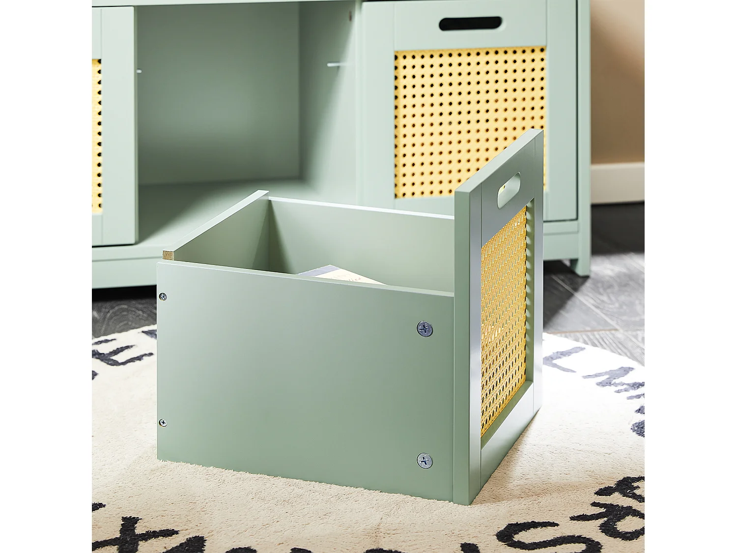 SoBuy Banc de Rangement, Meuble d'Entrée, Commode à Chaussures, Banquette avec Coussin Rembourré 2 Portes et 1 Cube, Vert, 90x35x45 cm FSR182-GR