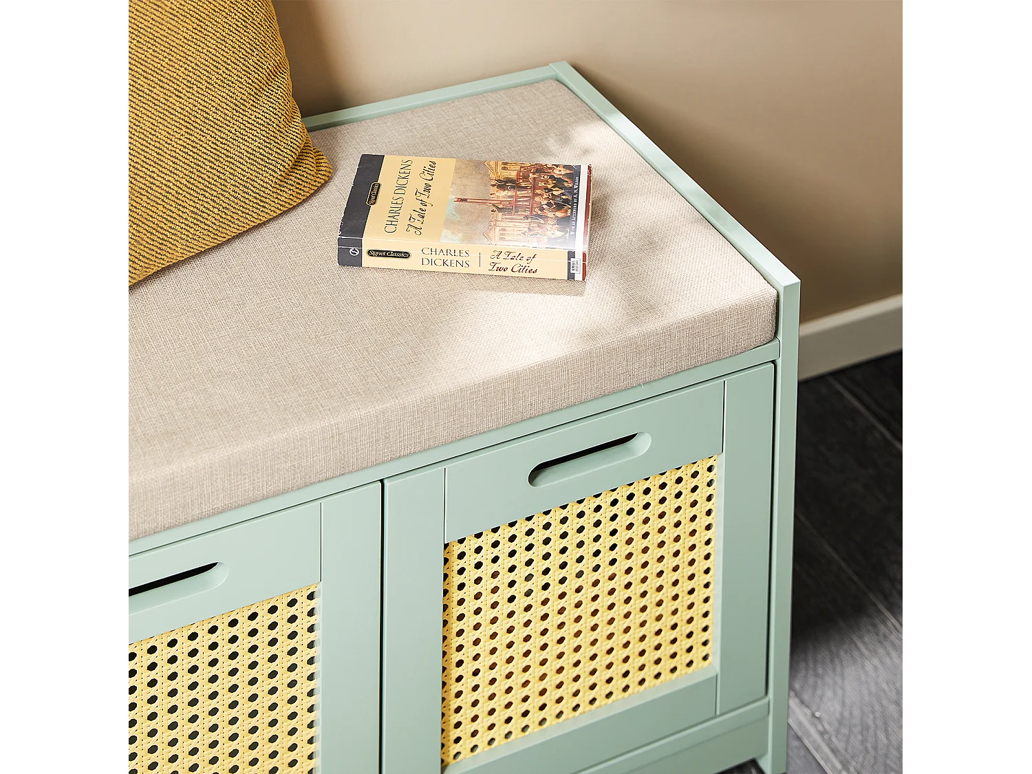 SoBuy Banc de Rangement, Meuble d'Entrée, Commode à Chaussures, Banquette avec Coussin Rembourré 2 Portes et 1 Cube, Vert, 90x35x45 cm FSR182-GR