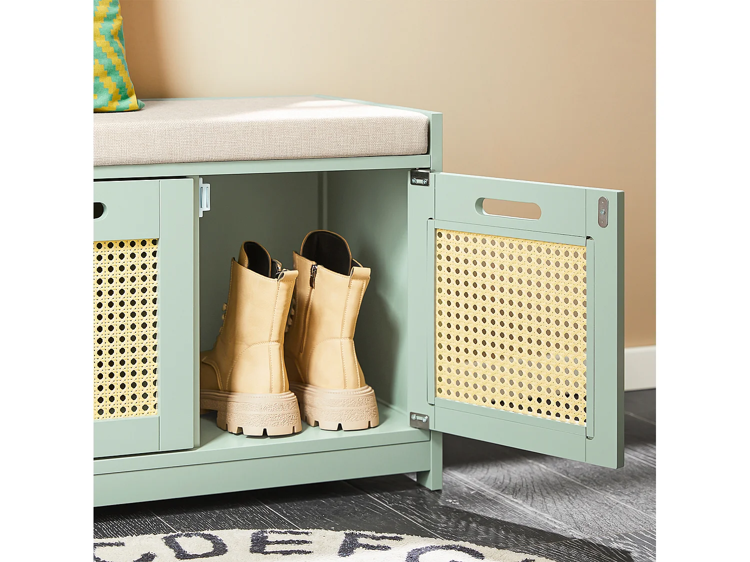 SoBuy Banc de Rangement, Meuble d'Entrée, Commode à Chaussures, Banquette avec Coussin Rembourré 2 Portes et 1 Cube, Vert, 90x35x45 cm FSR182-GR