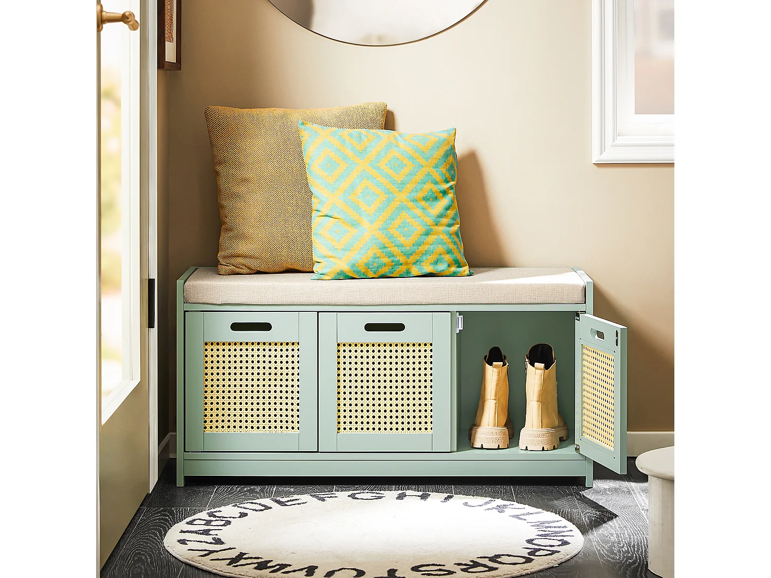 SoBuy Banc de Rangement, Meuble d'Entrée, Commode à Chaussures, Banquette avec Coussin Rembourré 2 Portes et 1 Cube, Vert, 90x35x45 cm FSR182-GR