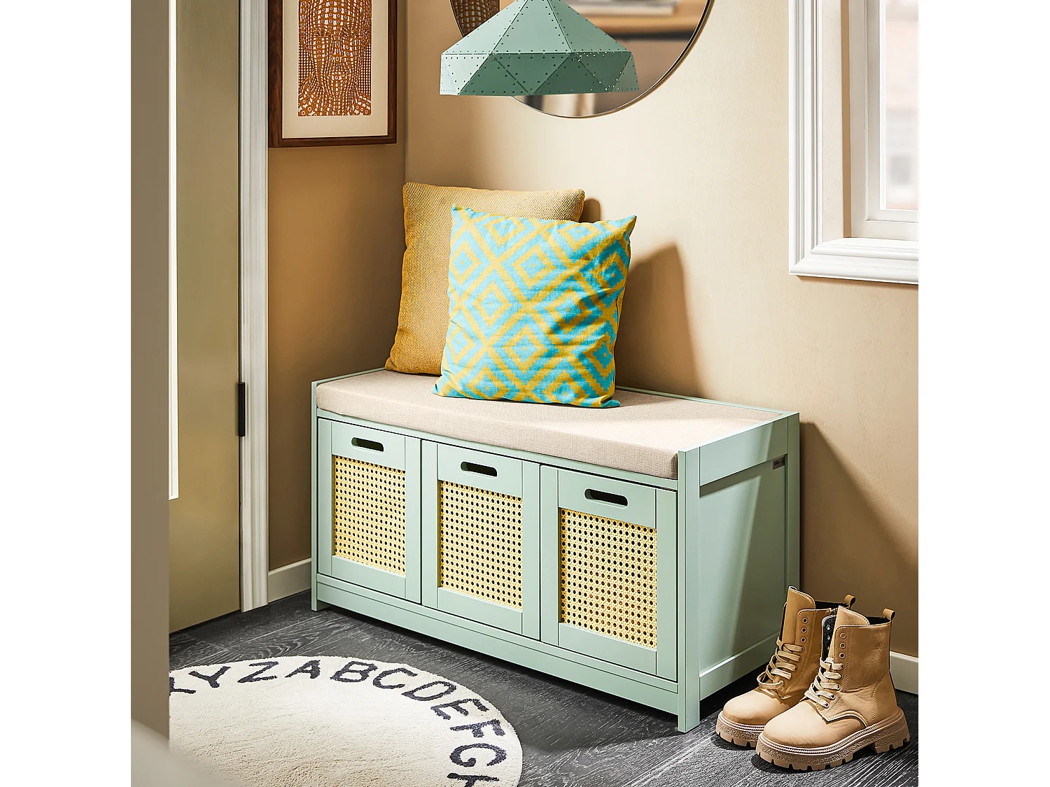 SoBuy Banc de Rangement, Meuble d'Entrée, Commode à Chaussures, Banquette avec Coussin Rembourré 2 Portes et 1 Cube, Vert, 90x35x45 cm FSR182-GR