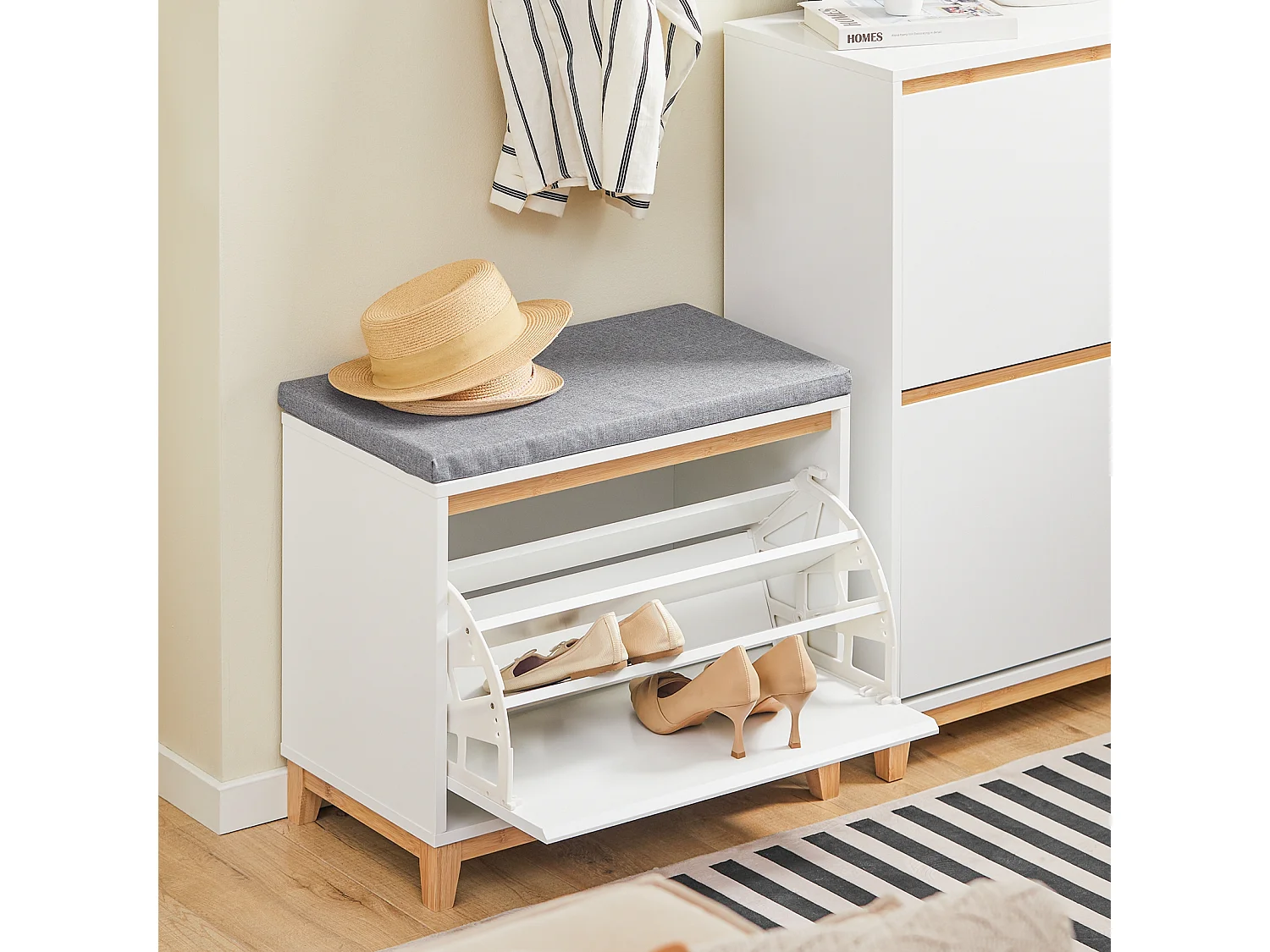 SoBuy Banc Chaussures, Rangement pour Chaussures, Armoire à Chaussures, Coffre avec 1 Abattants et 1 Coussin, pour Couloir, Salon ou Chambre, FSR191-WN