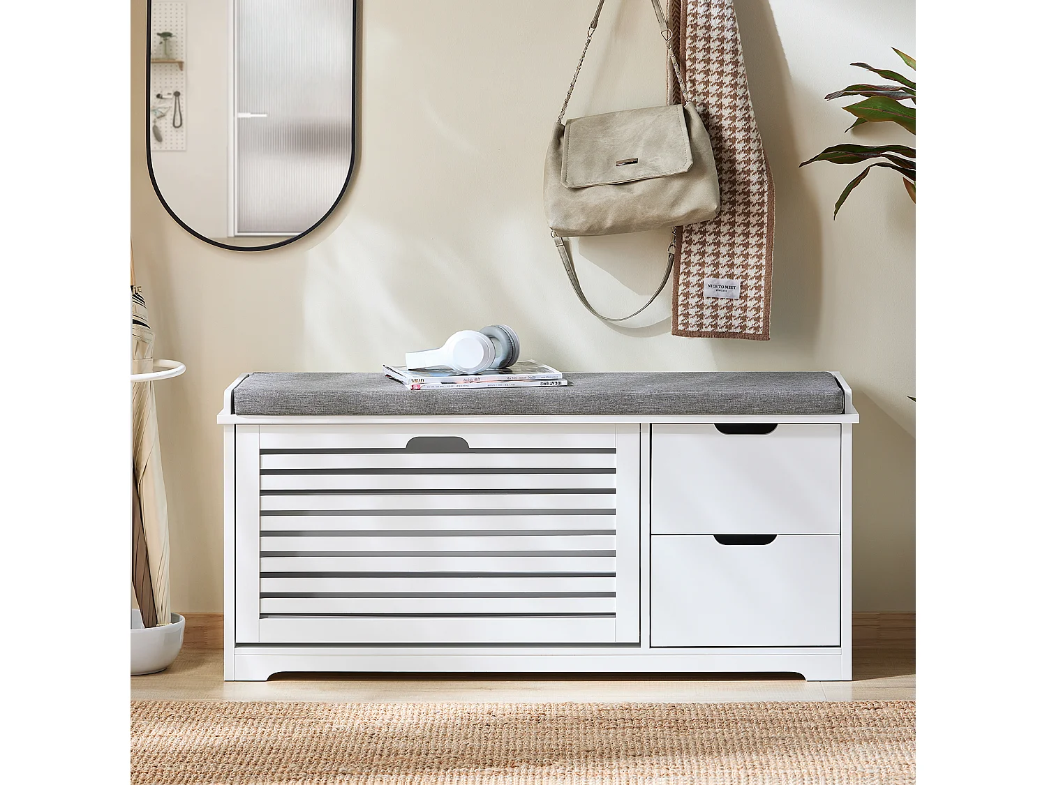 SoBuy FSR185-W Banc de Rangement, Meuble d'Entrée, Commode à Chaussure, Banquette avec Coussin Rembourré 1 Abattant et 2 Tiroir