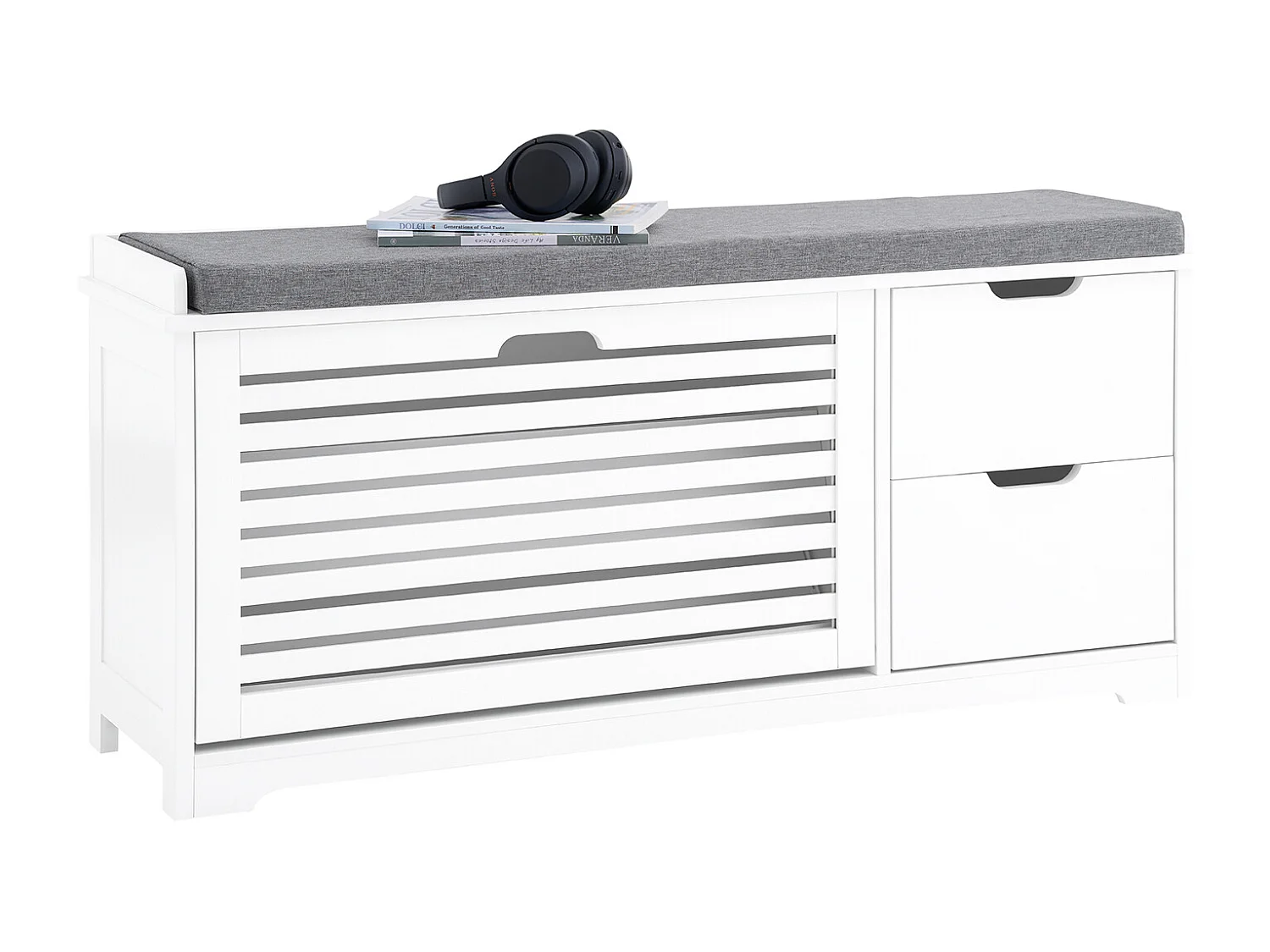 SoBuy FSR185-W Banc de Rangement, Meuble d'Entrée, Commode à Chaussure, Banquette avec Coussin Rembourré 1 Abattant et 2 Tiroir