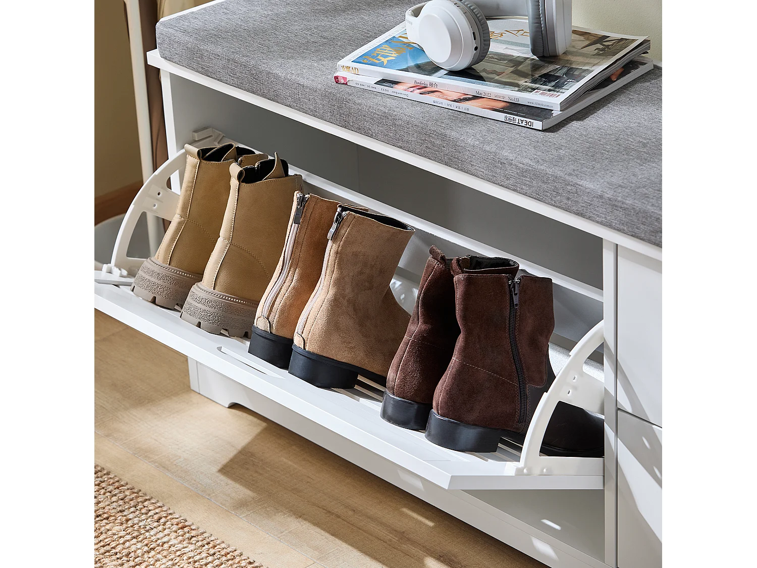 SoBuy FSR185-W Banc de Rangement, Meuble d'Entrée, Commode à Chaussure, Banquette avec Coussin Rembourré 1 Abattant et 2 Tiroir