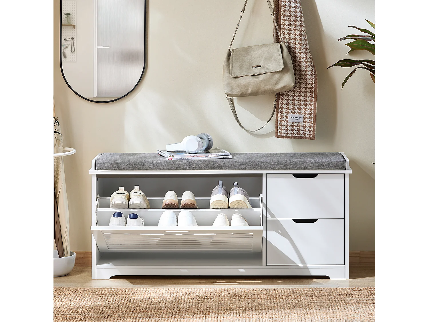 SoBuy FSR185-W Banc de Rangement, Meuble d'Entrée, Commode à Chaussure, Banquette avec Coussin Rembourré 1 Abattant et 2 Tiroir