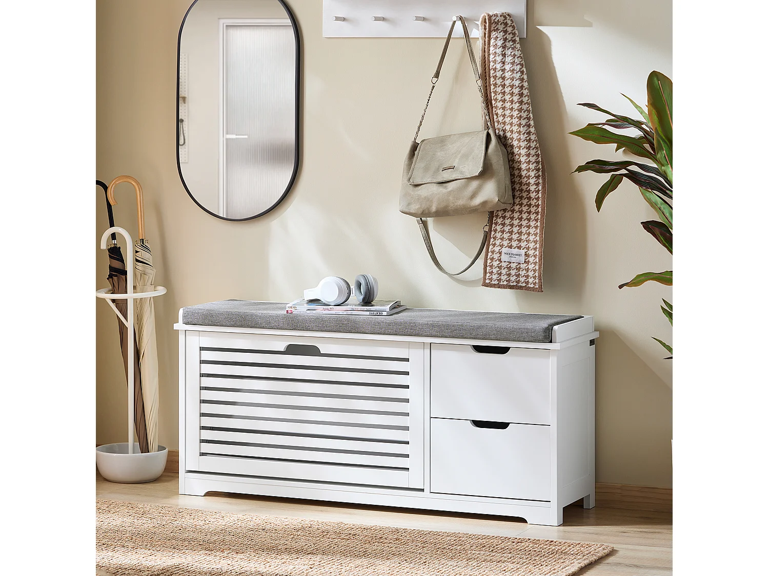 SoBuy FSR185-W Banc de Rangement, Meuble d'Entrée, Commode à Chaussure, Banquette avec Coussin Rembourré 1 Abattant et 2 Tiroir