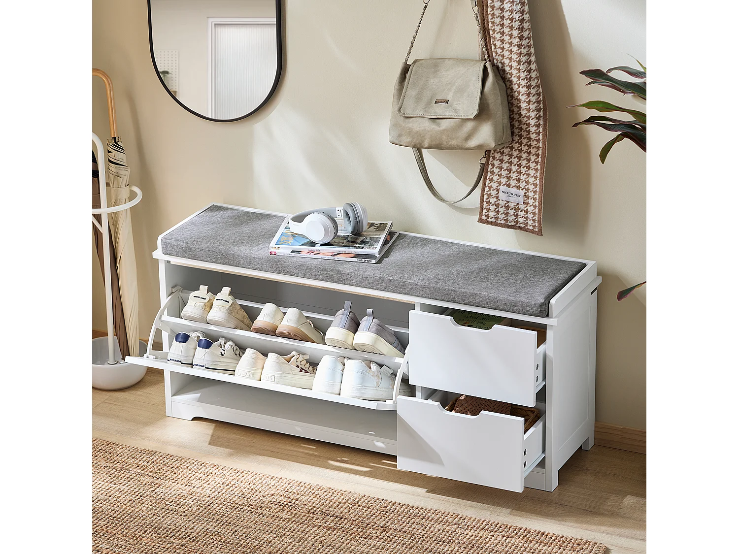 SoBuy FSR185-W Banc de Rangement, Meuble d'Entrée, Commode à Chaussure, Banquette avec Coussin Rembourré 1 Abattant et 2 Tiroir