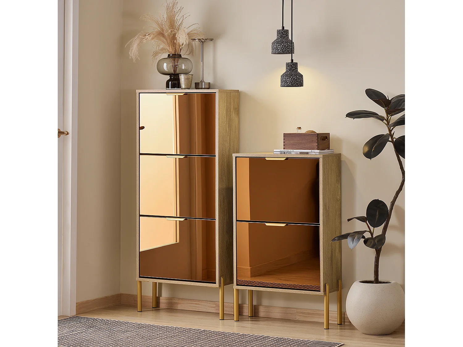 Sapateira SoBuy com 3 portas de vidro Sapateira com 6 prateleiras Sapateira cor dourada 55x24x124cm FSR181-H-G