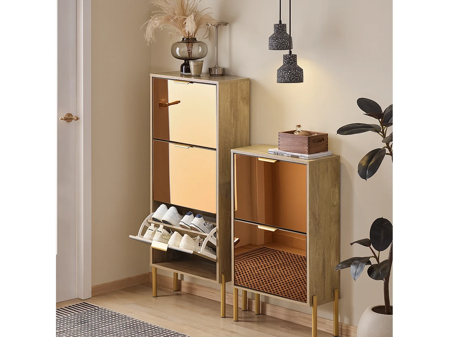 Sapateira SoBuy com 3 portas de vidro Sapateira com 6 prateleiras Sapateira cor dourada 55x24x124cm FSR181-H-G