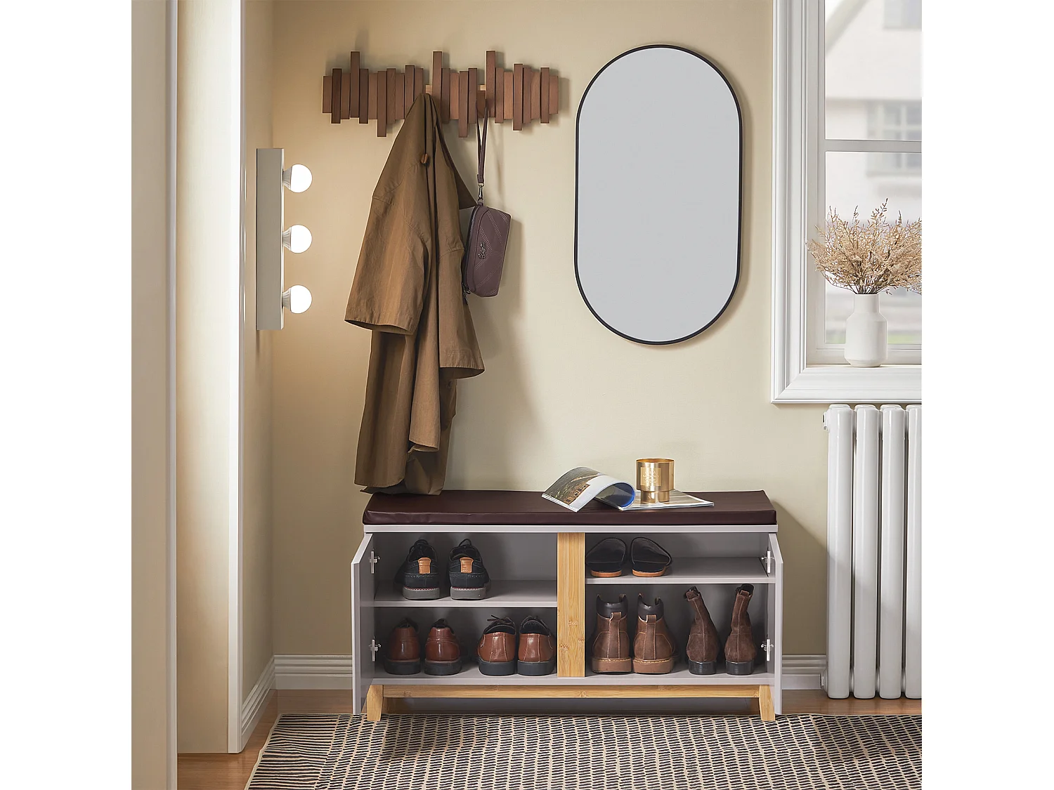 SoBuy Banc à Chaussures Banc de Rangement Meuble à Chaussures d'Entrée avec Siège Rembourré et 2 Portes, pour Couloir, Entrée, Chambre à Coucher, FSR117-KA