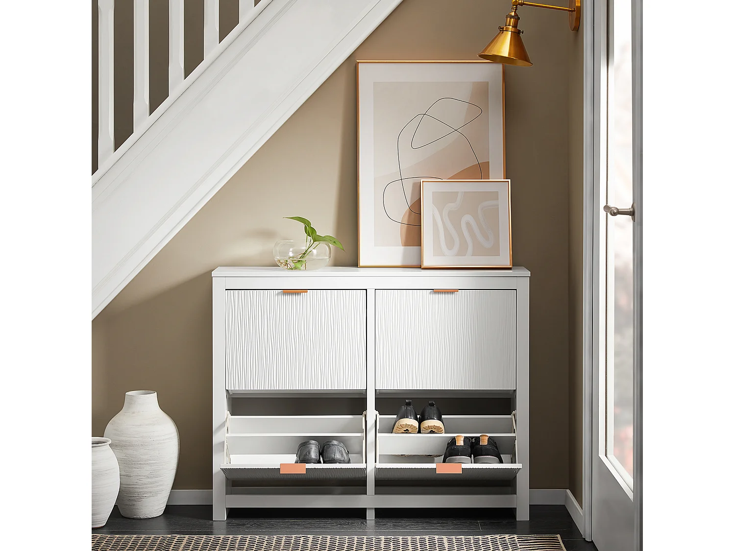 SoBuy FSR186-W Meuble Chaussure, Rangement Chaussure, Meuble d'Entrée, Armoire à Chaussures, Meuble de Rangement, Commode à 4 Abattants