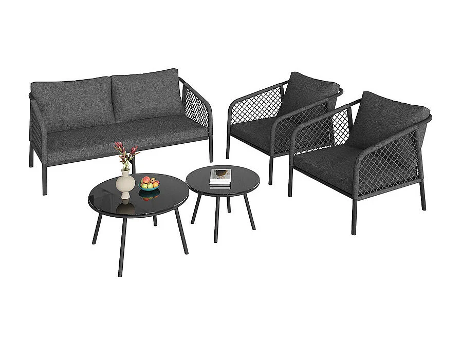 Salão de jardim para 4 pessoas - Corda cinza - Com almofadas de encosto - com 1 canapé - 2 cadeiras, 2 mesas gigantes de vidro, cinza