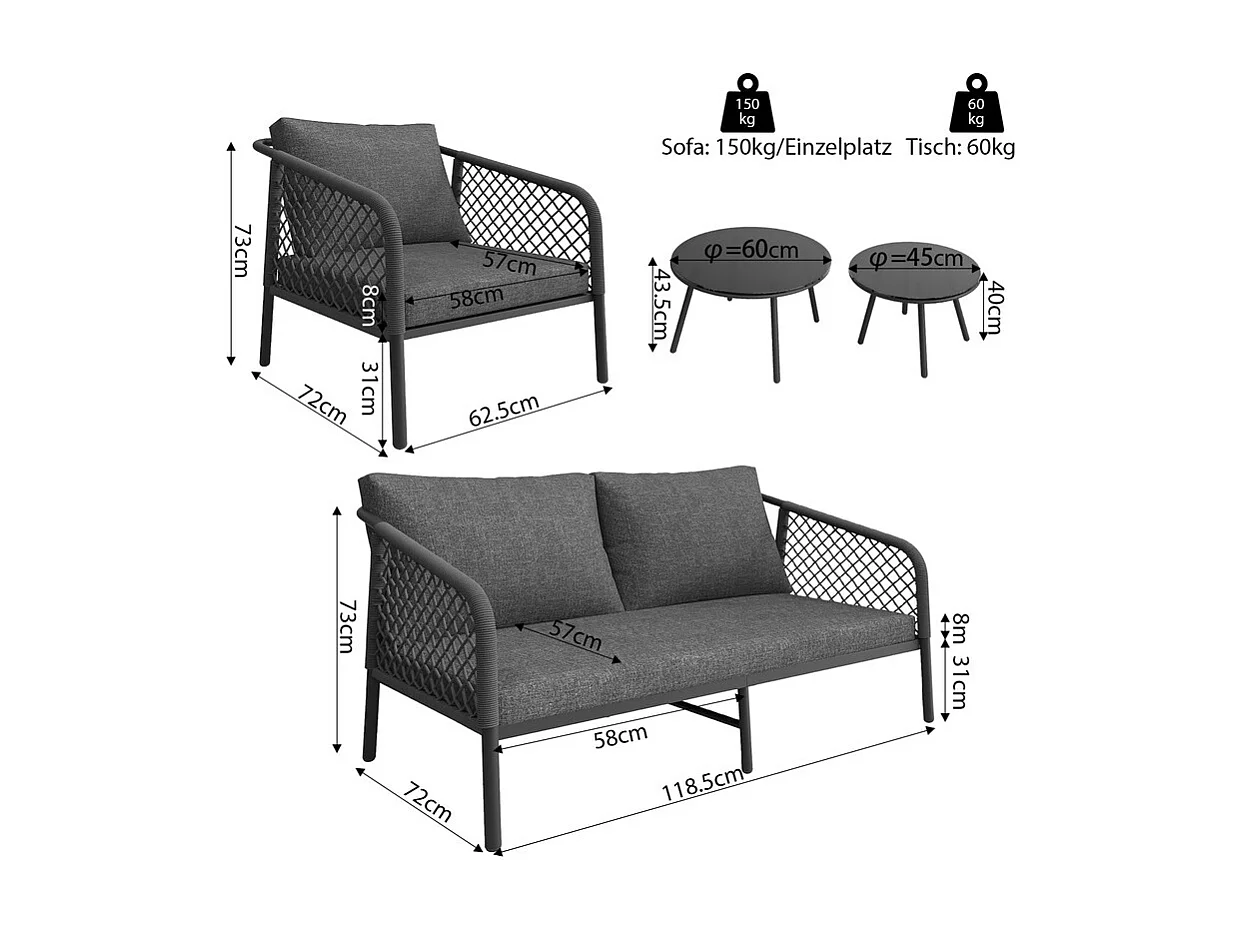 Salão de jardim para 4 pessoas - Corda cinza - Com almofadas de encosto - com 1 canapé - 2 cadeiras, 2 mesas gigantes de vidro, cinza