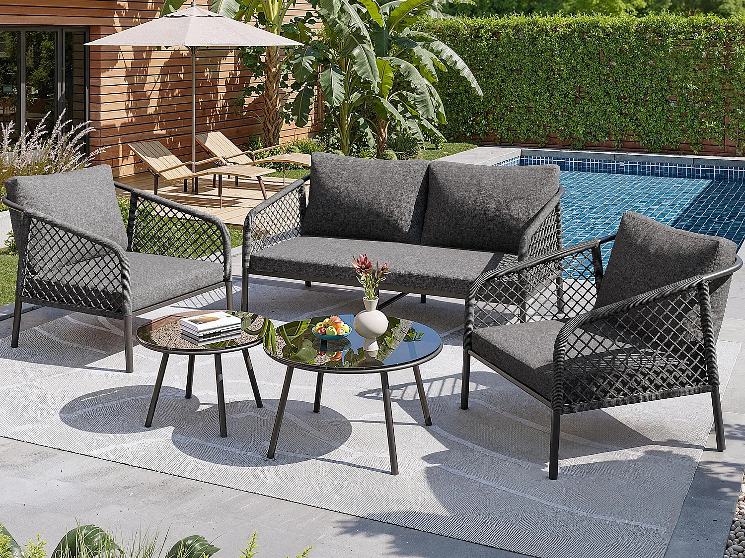 Salão de jardim para 4 pessoas - Corda cinza - Com almofadas de encosto - com 1 canapé - 2 cadeiras, 2 mesas gigantes de vidro, cinza