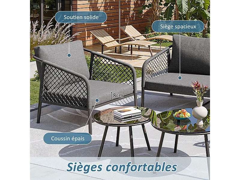 Salão de jardim para 4 pessoas - Corda cinza - Com almofadas de encosto - com 1 canapé - 2 cadeiras, 2 mesas gigantes de vidro, cinza