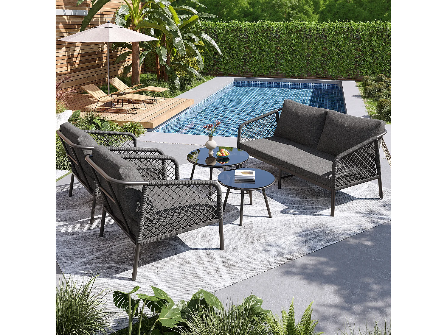 Salão de jardim para 4 pessoas - Corda cinza - Com almofadas de encosto - com 1 canapé - 2 cadeiras, 2 mesas gigantes de vidro, cinza