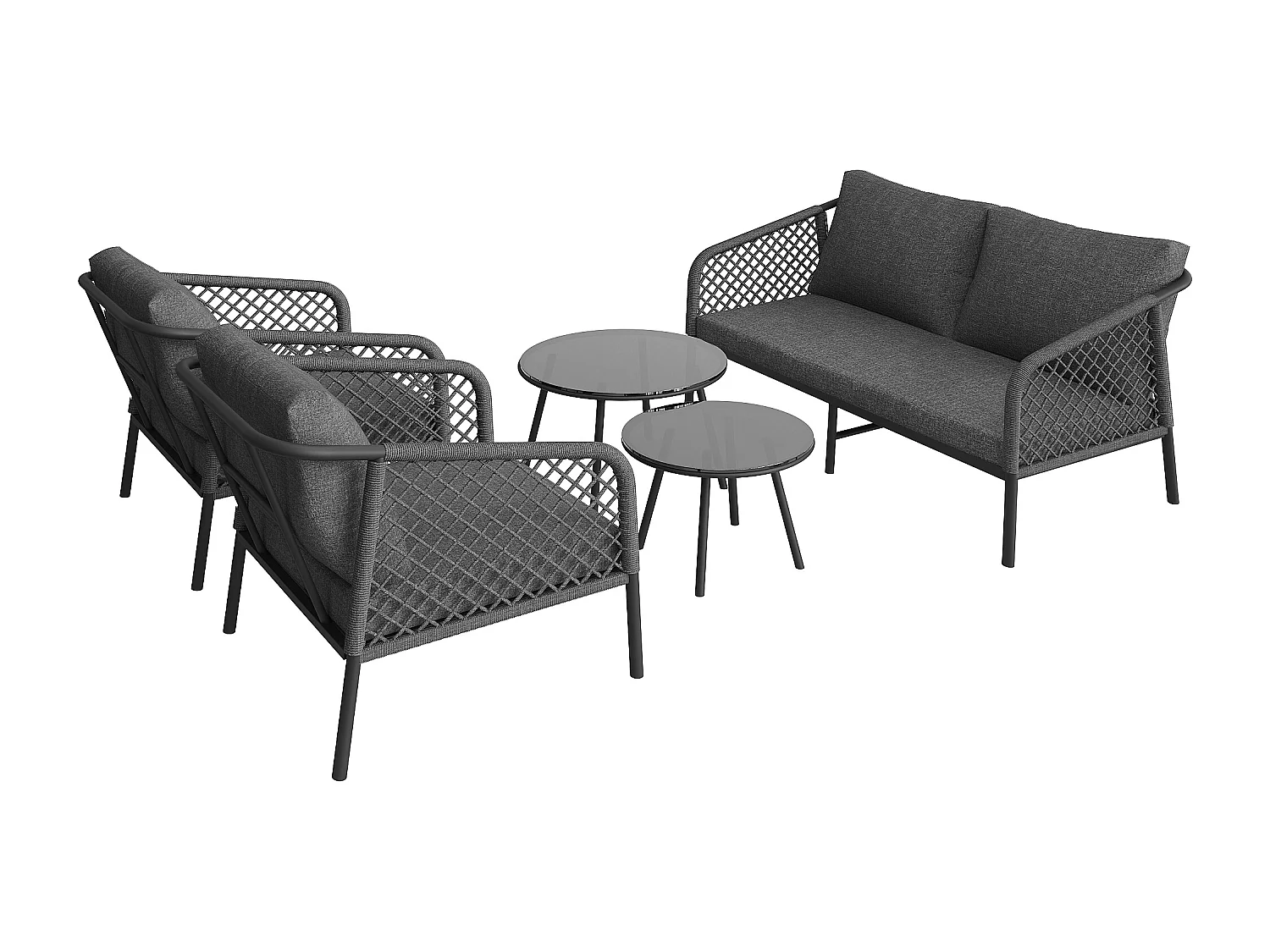 Salão de jardim para 4 pessoas - Corda cinza - Com almofadas de encosto - com 1 canapé - 2 cadeiras, 2 mesas gigantes de vidro, cinza