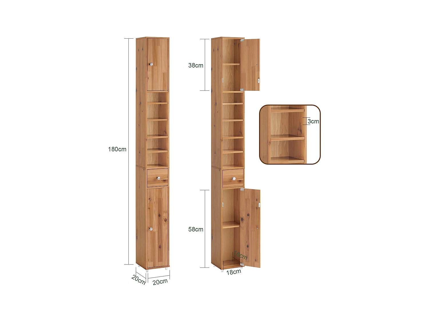 SoBuy BZR34-SH Meuble Colonne Salle de Bain, Armoire de Rangement Placard de Rangement Étroite, Étagères Réglables, Couleur du bois, 20x20x180 cm