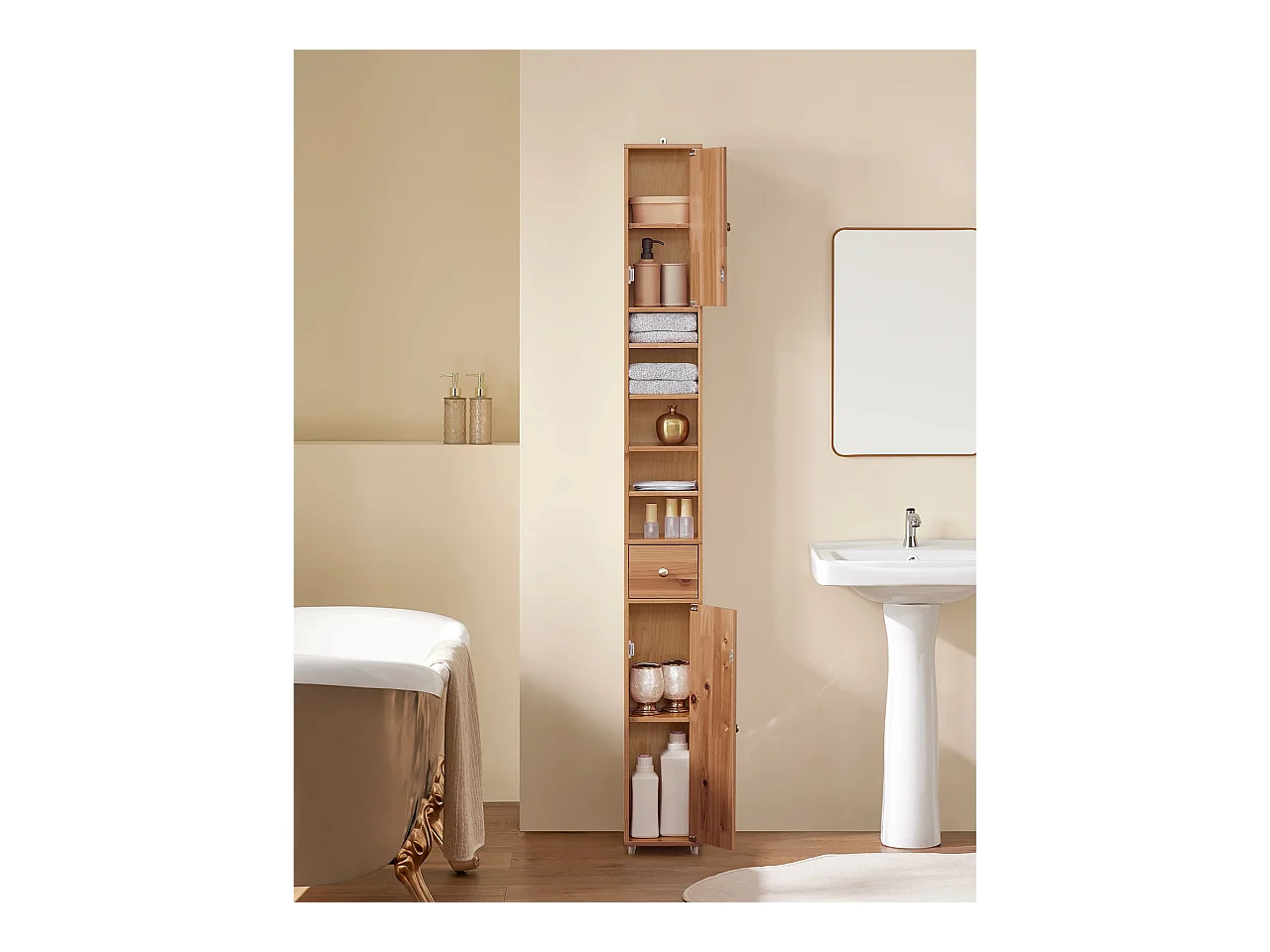 SoBuy BZR34-SH Meuble Colonne Salle de Bain, Armoire de Rangement Placard de Rangement Étroite, Étagères Réglables, Couleur du bois, 20x20x180 cm
