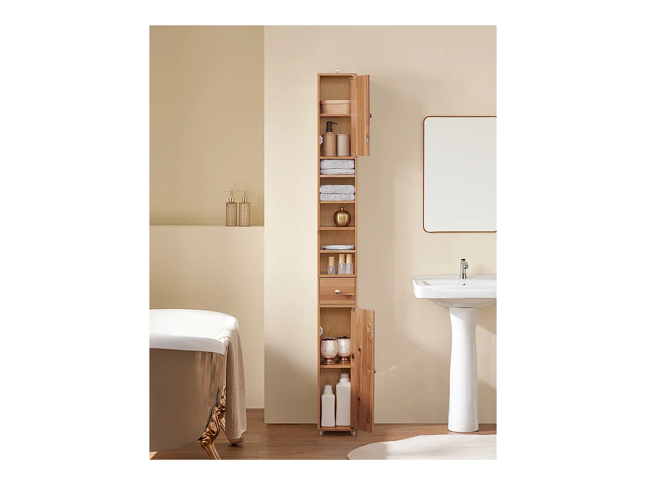 SoBuy BZR34-SH Meuble Colonne Salle de Bain, Armoire de Rangement Placard de Rangement Étroite, Étagères Réglables, Couleur du bois, 20x20x180 cm