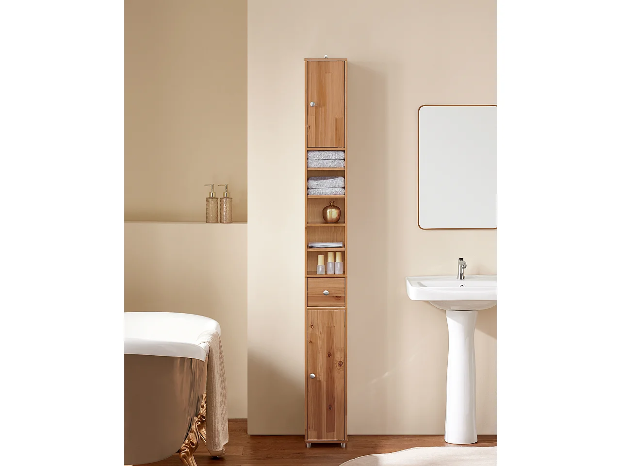 SoBuy BZR34-SH Meuble Colonne Salle de Bain, Armoire de Rangement Placard de Rangement Étroite, Étagères Réglables, Couleur du bois, 20x20x180 cm