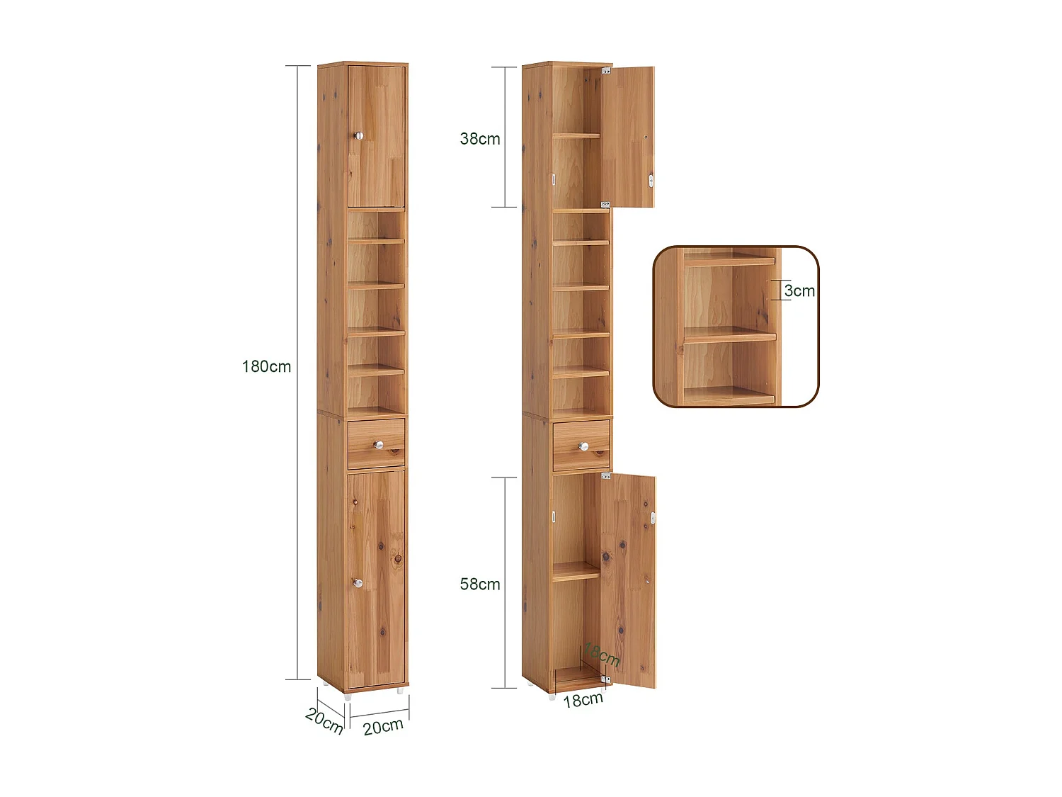 SoBuy BZR34-SH Meuble Colonne Salle de Bain, Armoire de Rangement Placard de Rangement Étroite, Étagères Réglables, Couleur du bois, 20x20x180 cm