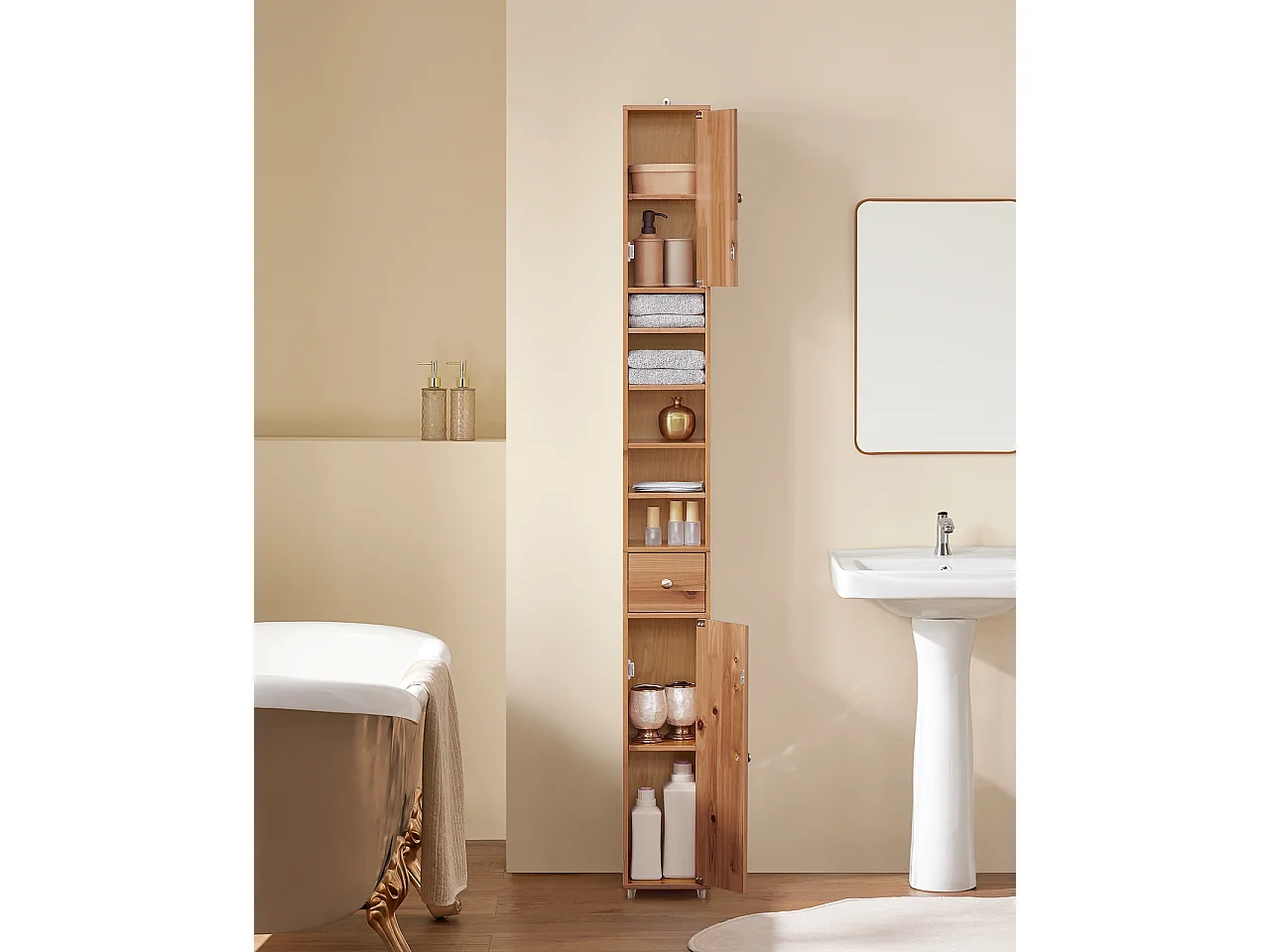 SoBuy BZR34-SH Meuble Colonne Salle de Bain, Armoire de Rangement Placard de Rangement Étroite, Étagères Réglables, Couleur du bois, 20x20x180 cm