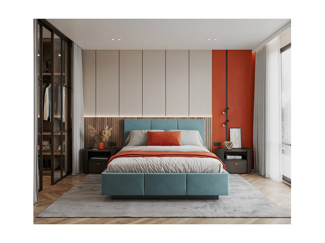 Lit coffre Aveiro 160 x 200 cm avec sommier à lattes relevable Azur