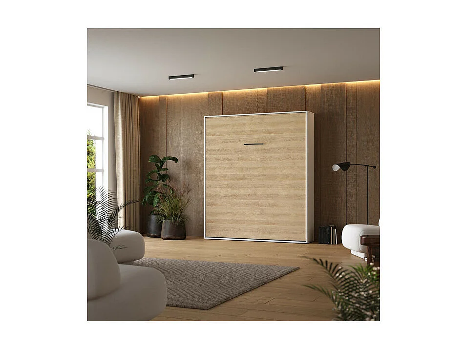 Lit escamotable 160x200cm Vertikal M1 Lit Mural Blanc- Chene Kaiserberg