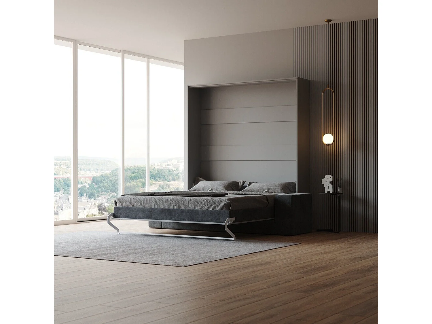 Lit escamotable ensemble 2 placards étagère et canapé 160x200cm Lit Mural Gris perle inc.LED