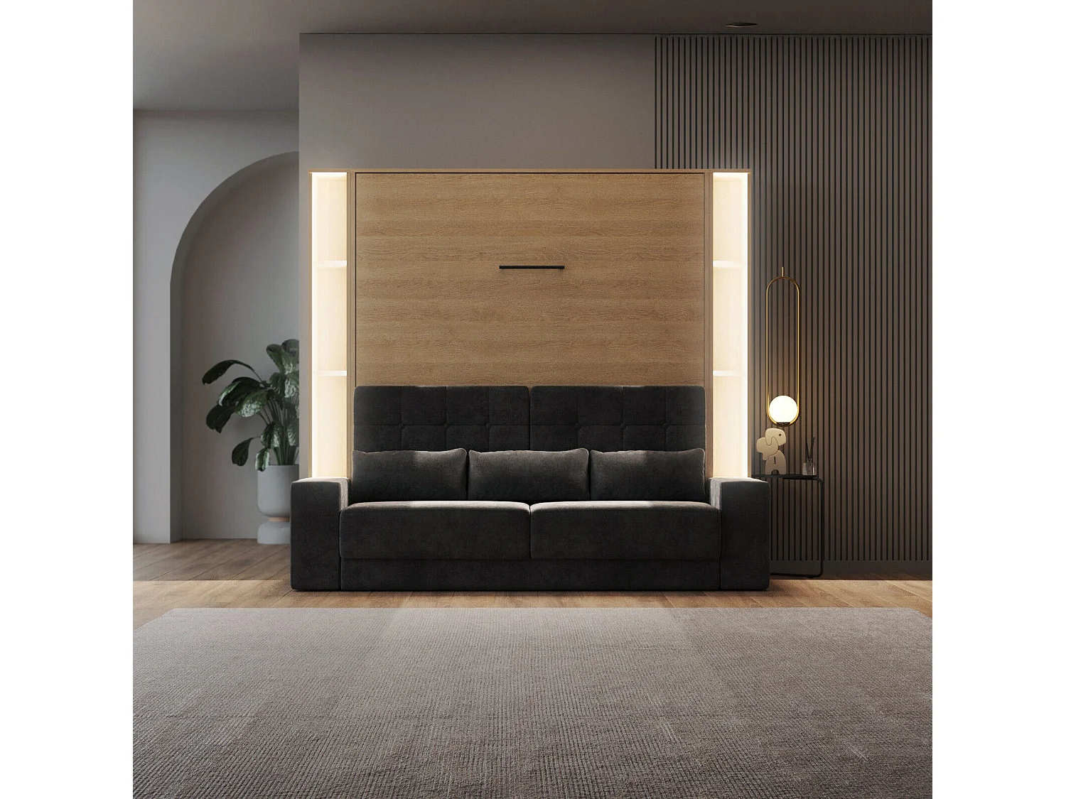 Lit escamotable ensemble 2 placards étagère et canapé 180x200cm Lit Mural Chêne kaiser inc.LED