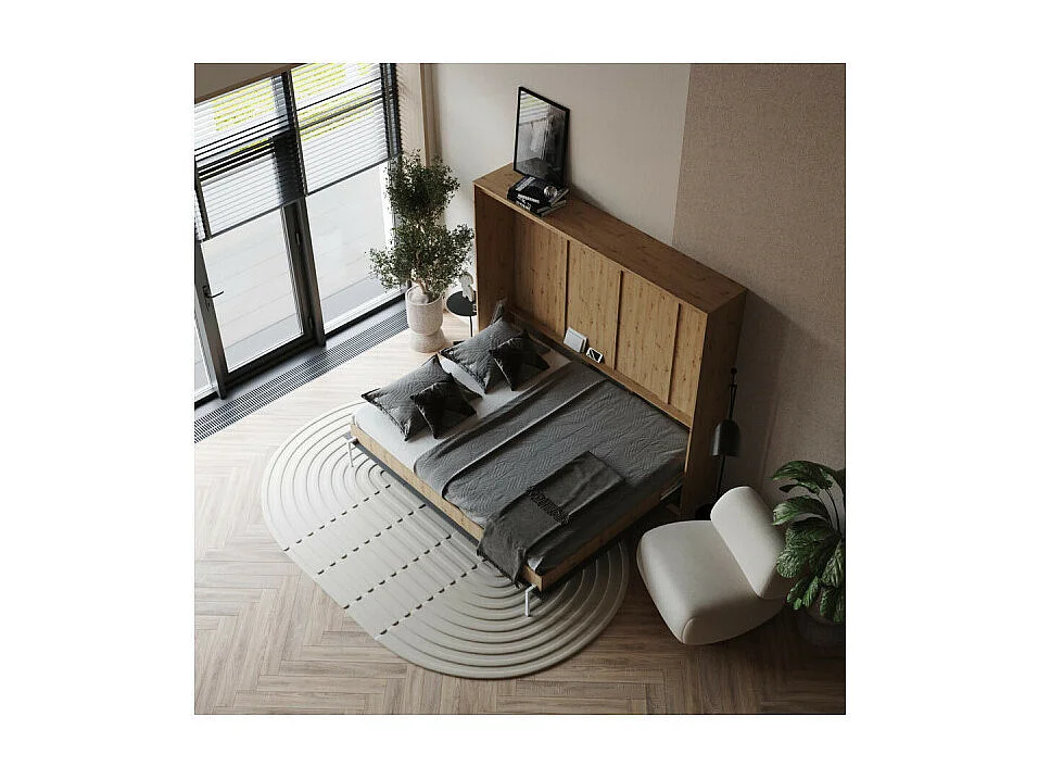 Lit escamotable 140x200cm Horizontal LUXUS Lit Mural couleur Chêne-Anthracite