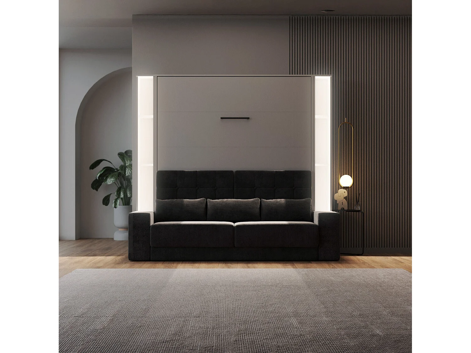 Lit escamotable ensemble 2 placards étagère et canapé 180x200cm Lit Mural Gris perle inc.LED