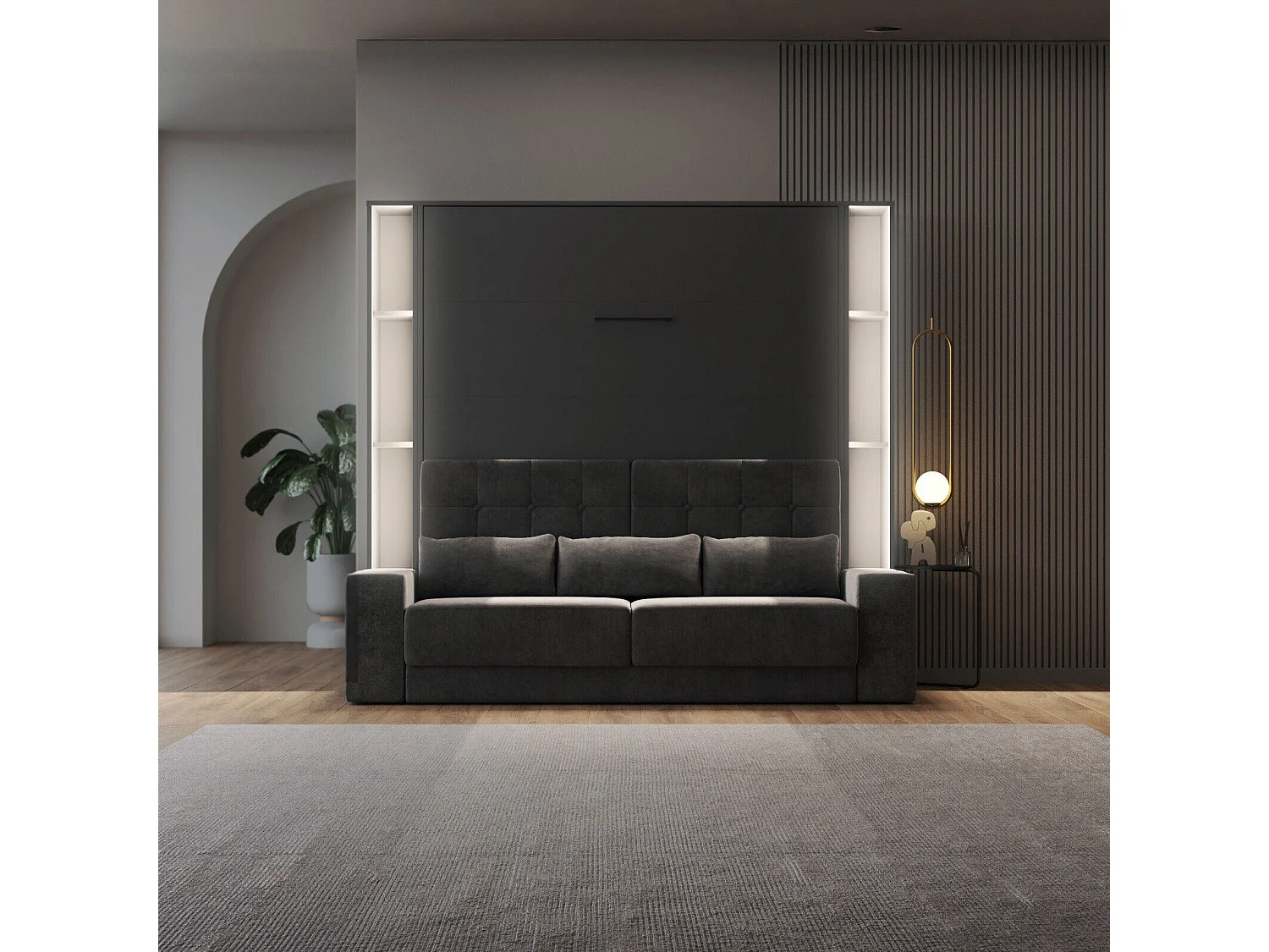 Lit escamotable ensemble 2 placards étagère et canapé 160x200cm Lit Mural Anthracite inc.LED