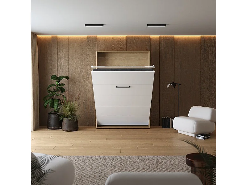 Lit escamotable 140x200cm Vertikal M1 Lit Mural Chene Kaiserberg-Blanc brillant