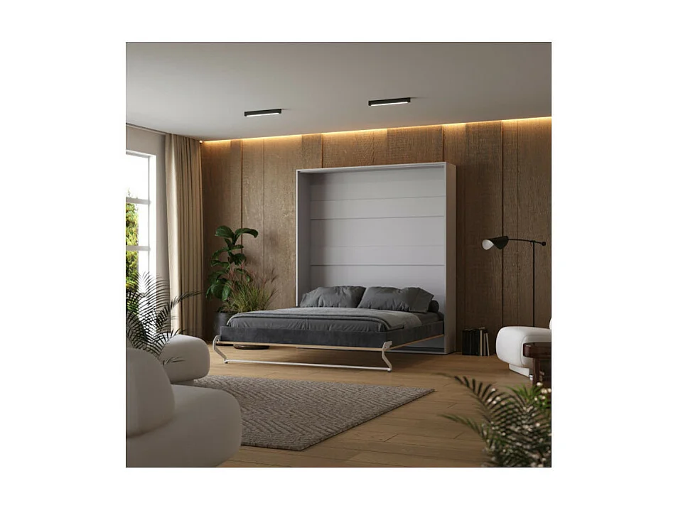 Lit escamotable 160x200cm Vertikal M1 Lit Mural Gris perle- Chene Kaiserberg