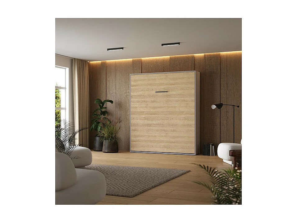 Lit escamotable 160x200cm Vertikal M1 Lit Mural Gris perle- Chene Kaiserberg