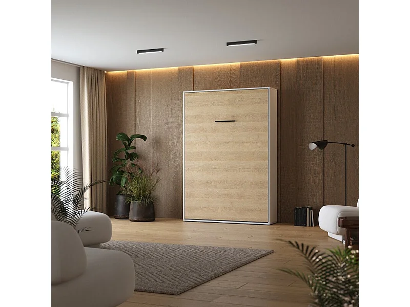 Lit escamotable 140x200cm Vertikal M1 Lit Mural Blanc- Chene Kaiserberg